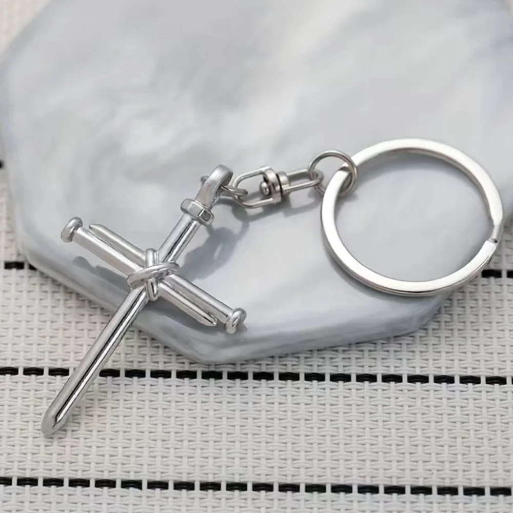 3 Nail Cross Keychain Religious Christian Key Ring Accessory Silver Unisex Gift
